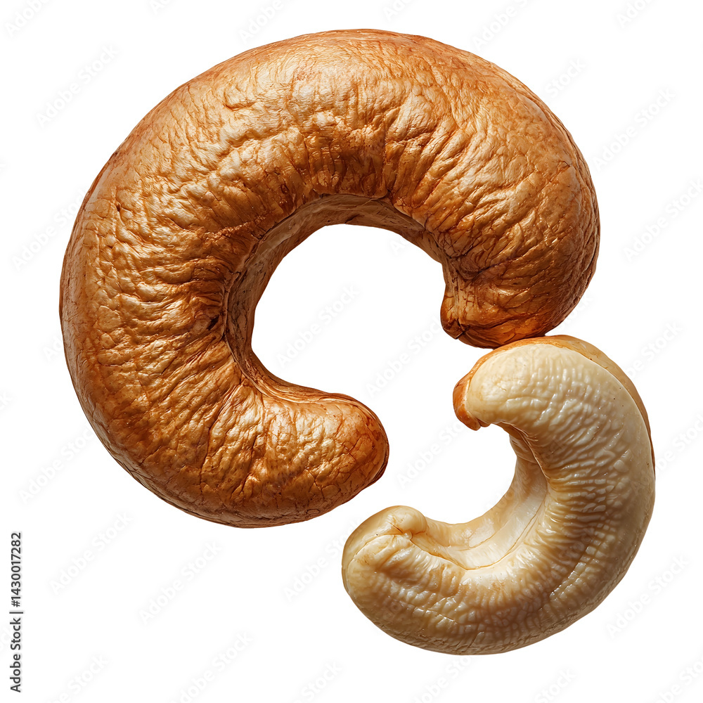 Poster studio photograph of a single raw cashew nut with its distinctive curved shape centered on a clean m