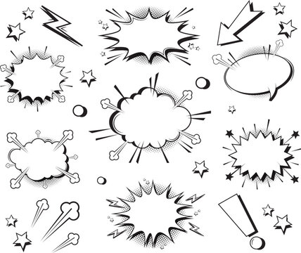 Set of comic effect shape with pop art style. Comic speech bubbles halftone dot isolated background. Comic explosions vector