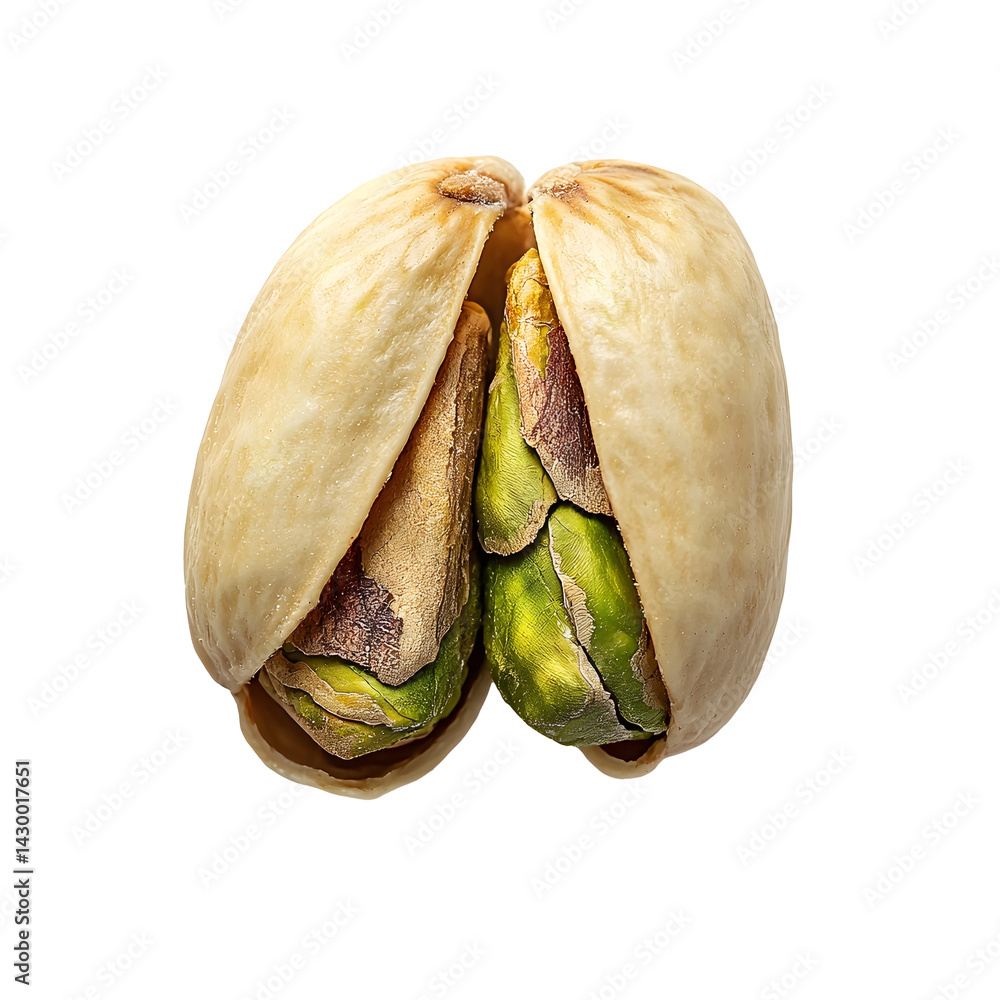Poster closeup view of a single pistachio nut with its shell slightly open revealing the green inner kernel