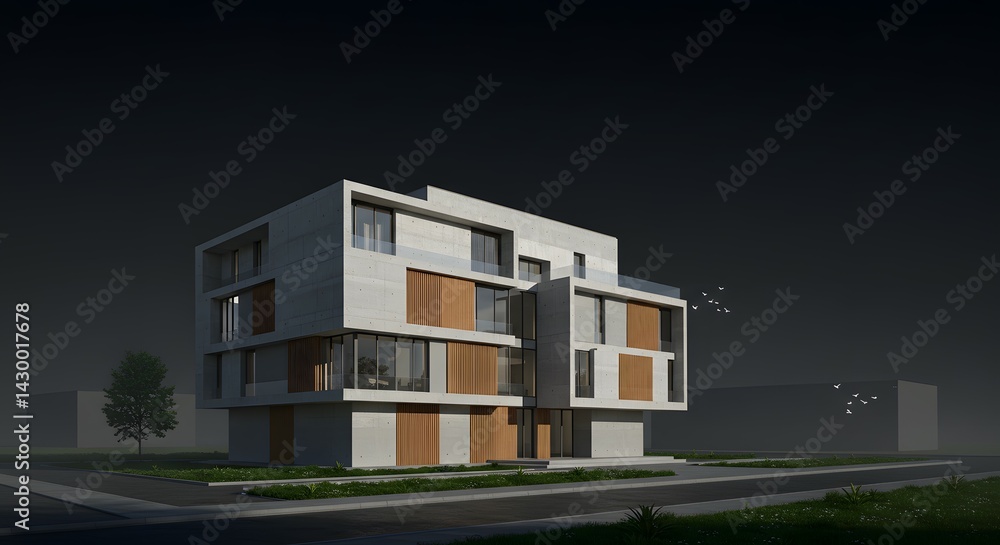 Aufkleber modern architectural design a sleek multi-story building in a misty setting