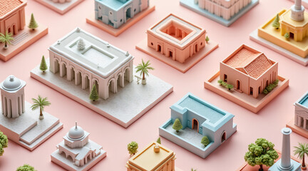 Colorful Miniature Buildings and Architectural Models on Soft Pink Background