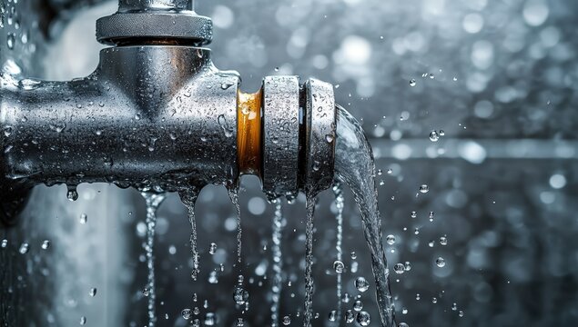 Close-Up View of Water Flowing from a Pipe with Drops and Splashes in Clear, Detailed Texture Against a Metal Background