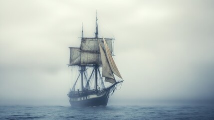 An old sailing vessel is traveling through the sea fog