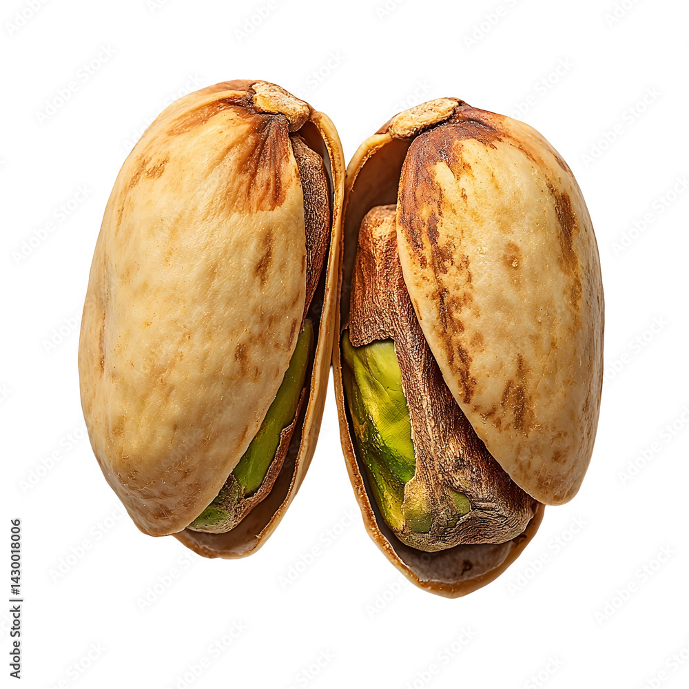 Poster close up of a single open pistachio nut in its shell placed on a plain white background with copy sp