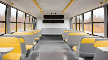 Fototapeta premium Minimalist school bus interior featuring sleek gray seats.generative.ai 