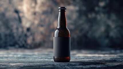 A premium beer bottle mockup with a dark glass finish, featuring a matte label design and placed against a moody background