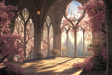 Obraz premium An elegant interior with blossoming trees framed by arched windows
