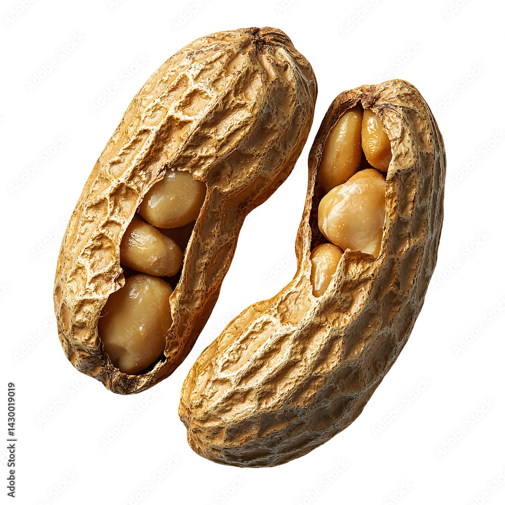 Poster close up of two dry textured peanut shells resting on a clean minimal white background