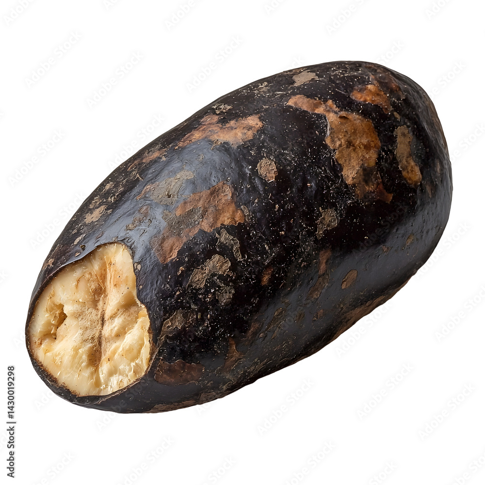Poster a large angular brazil nut in its dark mottled shell captured in a close up studio shot against a cl