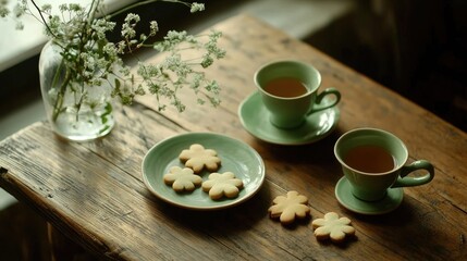 A simple wooden table set for tea, with delicate shamrock-shaped cookies and green teacups.