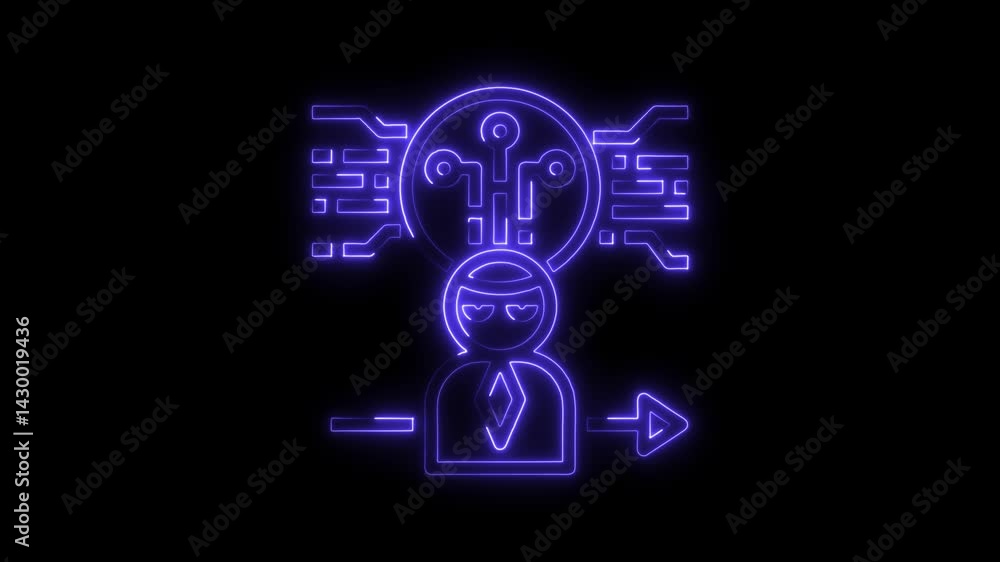 Poster cyber security threat animated neon hacker symbol on black background