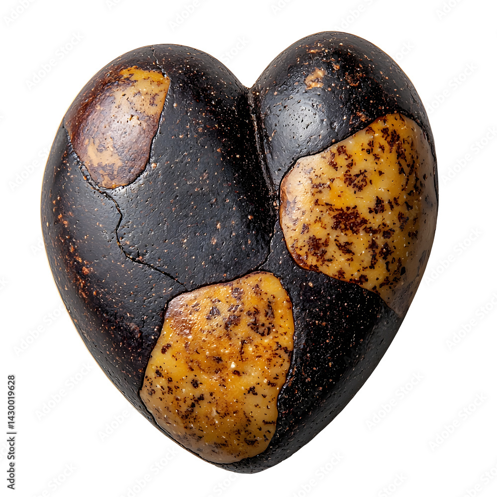 Poster an up close studio photograph of a single large angular brazil nut with a distinctive heart shaped f