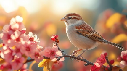 Fototapeta premium A charming sparrow perched amongst vibrant spring blossoms.