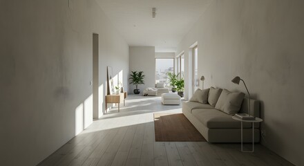 Fototapeta premium Minimalist Apartment Interior Design Open-Plan Living Space with Natural Light