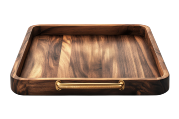 Elegant dark walnut wood serving tray with a sleek gold handle perfect for stylish entertaining on transparent background