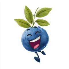 Joyful cartoon blueberry with happy expression, small legs, and green leaves, against a white background. Cheerful illustration style.