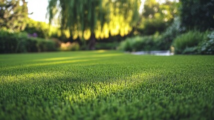 Lush green artificial turf in a sunny garden.