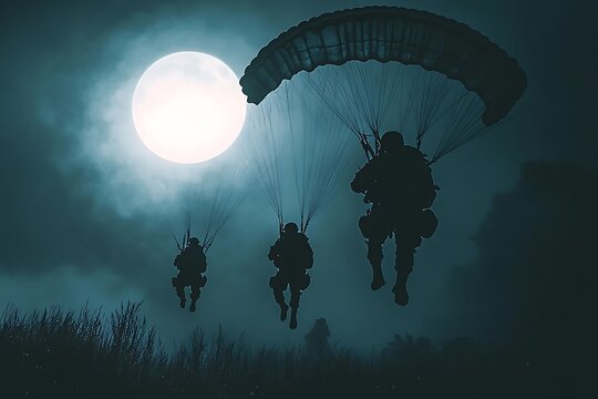 Military Paratroopers Night Drop Moonlit Landing
