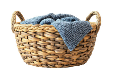Obraz premium Rustic woven wicker laundry basket with a soft blue knitted blanket inside isolated on a black on transparent background