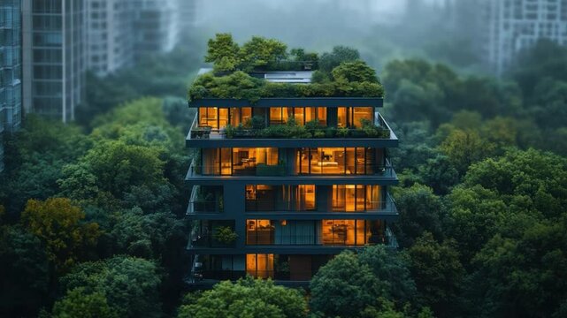 Eco-Friendly Skyscraper: A modern skyscraper enveloped by lush greenery, showcasing a harmonious blend of architecture and nature, with warm lights inviting a glimpse into its interior.