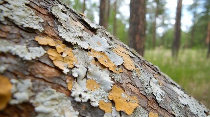 Detailed tree bark texture with yellow and grey lichen