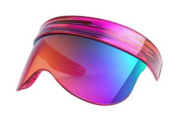 Futuristic iridescent visor sunglasses vibrant pink and blue gradient lenses sleek design on transparent background