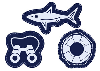 A set of stickers on a marine theme. Shark, binoculars, lifebuoy