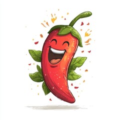 Joyful cartoon red chili pepper with a smiling face, surrounded by green leaves and spice particles on a white background. Pixel art style.