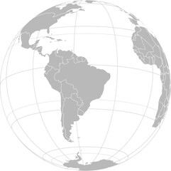 World vector map with country boundaries and graticules (Brazil-centered view, orthographic projection, PPT-compatible & fully editable)