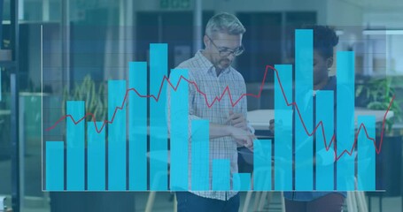 Colleagues checking smartwatch and reviewing tablet stats, animating finance bar chart and line gr - Powered by Adobe