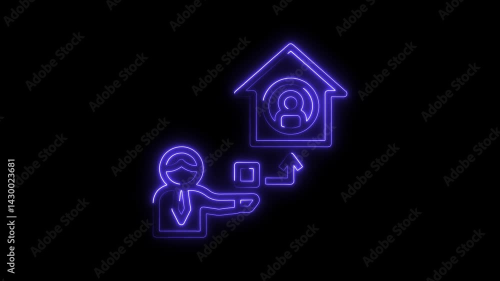 Poster neon style man showing remote work concept and telecommuting diagram with glowing effect promoting f