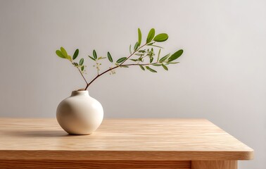 Simple Green Branch in White Vase on Light Wood Table