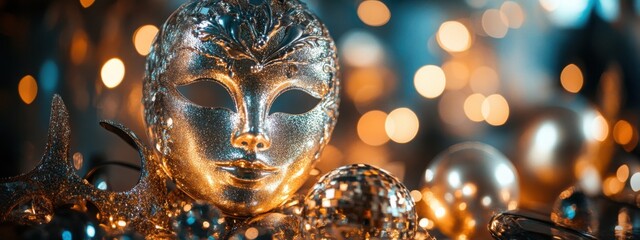 Luxurious masquerade party with glowing disco ball and elegant decorations. Generative AI