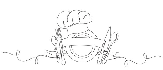 chef's hat and cutlery in one continuous line