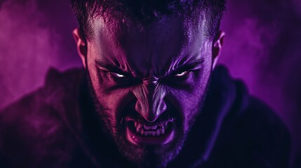 Fototapeta premium Angry Man Grinning Aggressively with Fangs in Dark Purple Lighting