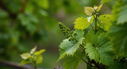 A close-up view of grapevine leaves showing new green growth in a vineyard. The fresh leaves are vibrant and healthy, symbolizing growth and nature