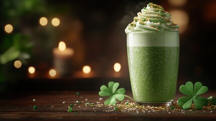 Emerald green Irish coffee drink with whipped cream and sprinkles.