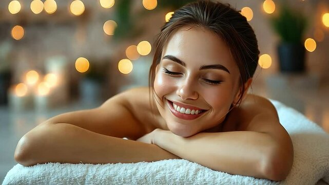 Serene woman radiating beauty and relaxation in tranquil spa atmosphere with soft lighting and calming vibes.