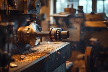 Fototapeta premium A vintage lathe in a workshop, complete with dusty gears and a polished wooden piece in progress