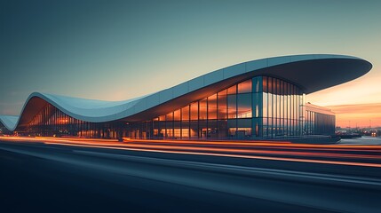 Naklejka premium Modern architectural transport hub at sunset