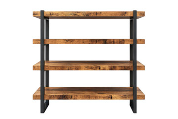 Rustic industrial four shelf bookcase with a distressed wood finish and sleek black metal frame on transparent background