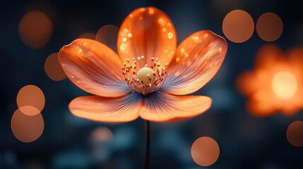Close-up view of a luminous, orange flower in soft focus.