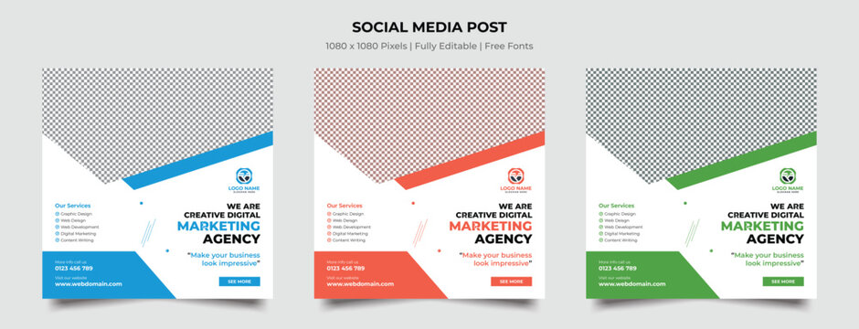 Social media post templates set for business with vector illustration on background. Digital business marketing banner for social media post template