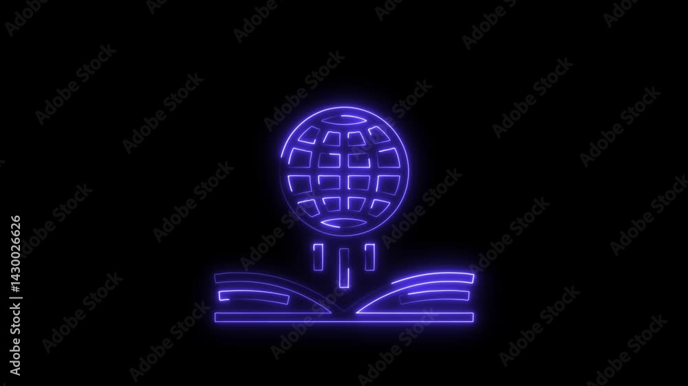 Poster global education concept neon style animation on black background world knowledge with open book and