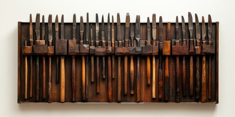 A wall-mounted display of vintage wood chisels, carefully restored and arranged by size
