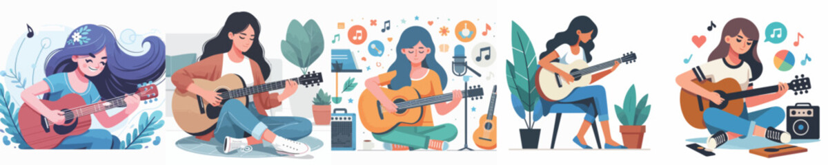 Vector of a young woman playing guitar.