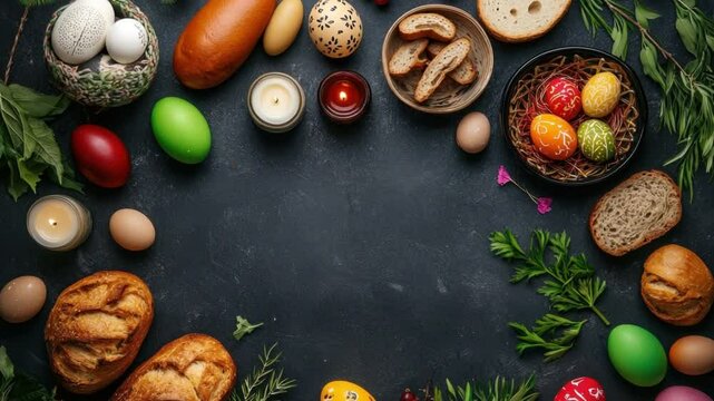 Festive Easter table setting with colorful eggs and bread
