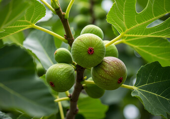 Fresh Green Figs Growing on a Fig Tree Branch, Healthy Fruit, Foliage and Leaves.
