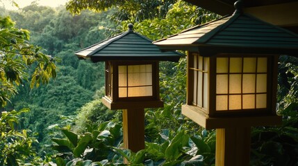 Wooden Japanese-style lanterns illuminate a lush garden vista.