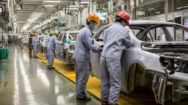 Auto workers working at car factory